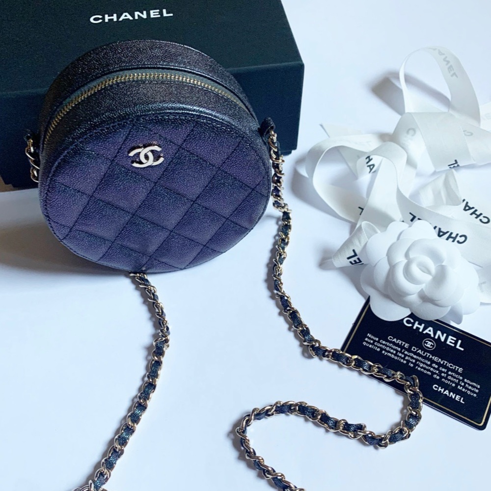 Chanel round purse with long chain